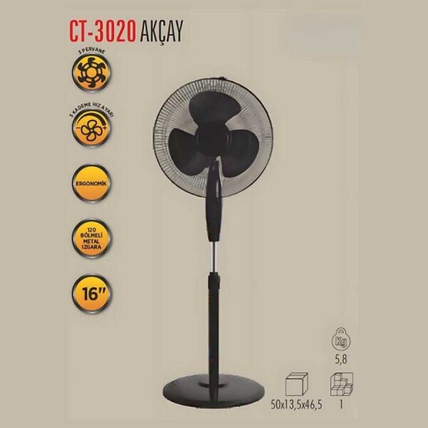 Ct-3020 Akçay 16''  Siyah 3 Pervaneli Ayaklı Vantilatör