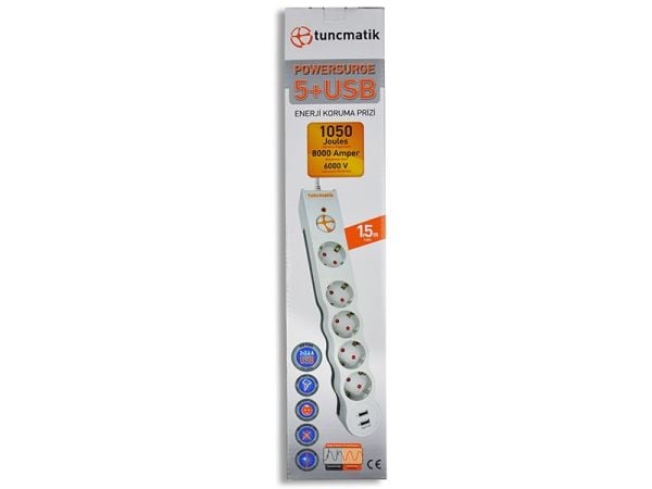 Akım Korumalı Priz 5li 2xUSB Beyaz 1,5mt