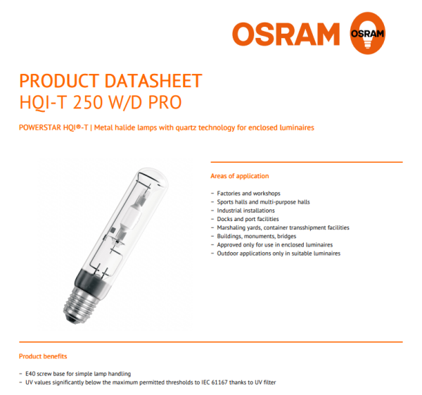 Osram Powerstar HQI-T 250W Pro Daylight E40 Metal Halide Ampul