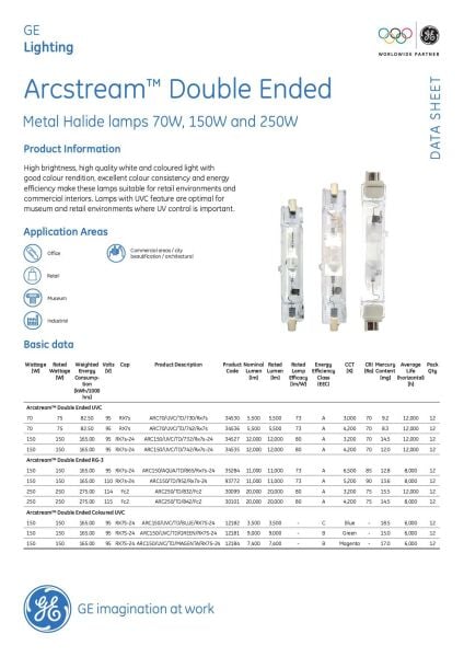 General Arcstream 250W ARC250/TD/832 Çift Uçlu Metal Halide Ampul