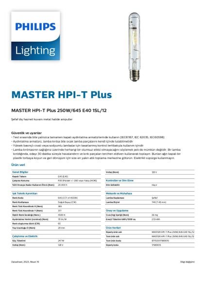 Phılıps Master HPI-T Plus 250W/645 E40 Metal Halide Ampul